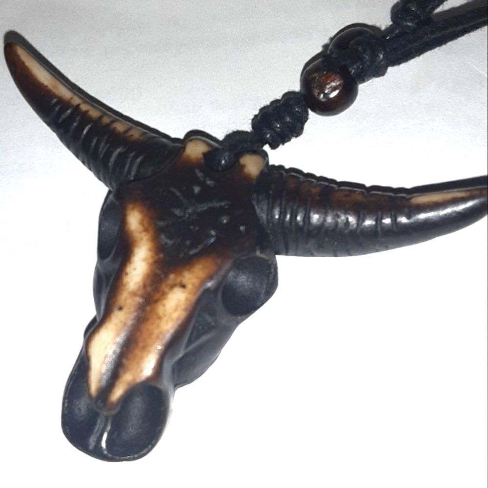 Hand CRAFTED UNISEX brown bull head pendant with adjustable necklace
